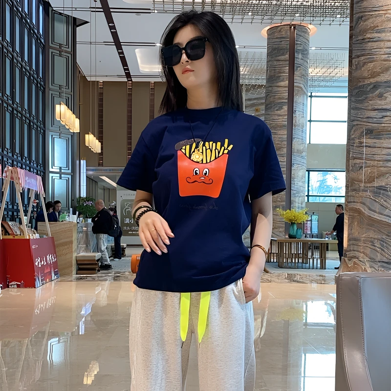 薯条-时尚周美式重磅精梳棉印花短袖白恤男T恤潮流宽松圆领