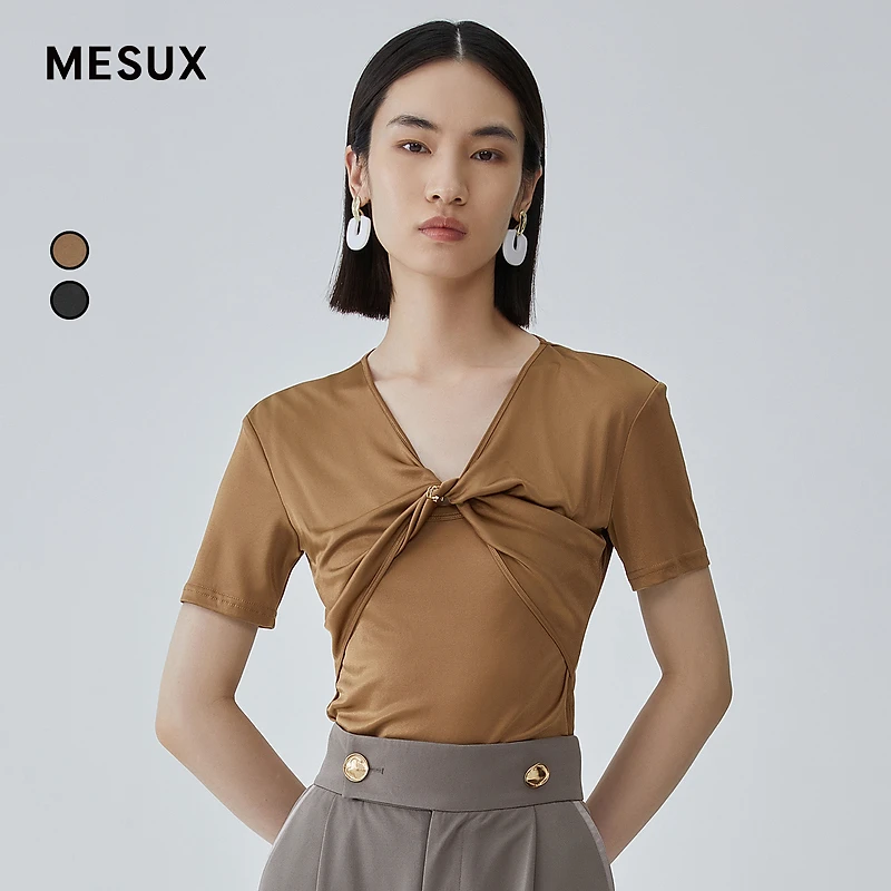 【许半夏专享】MESUX米岫进口三醋酸大V领简约立体扭结时尚感短袖上