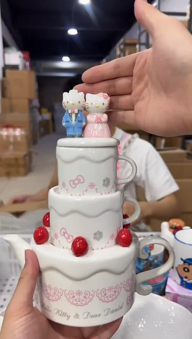瓷片原盒结婚kt猫蛋糕茶壶