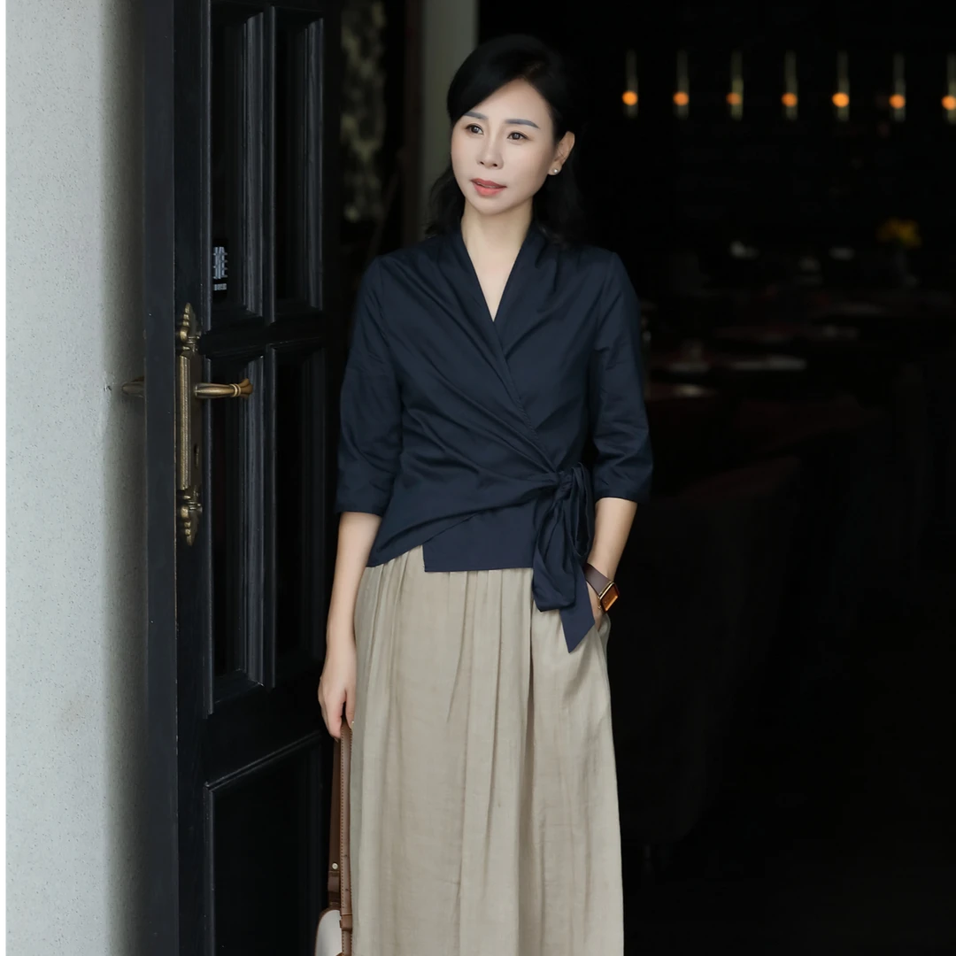 【杜小小】“率性自我”百搭时尚休闲衬衫气质新款显瘦绑带上衣8581