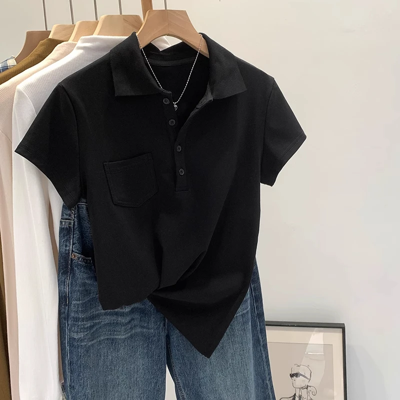 黑色针织V领短袖正肩T恤女夏季新款高级感修身气质小衫薄款上衣潮