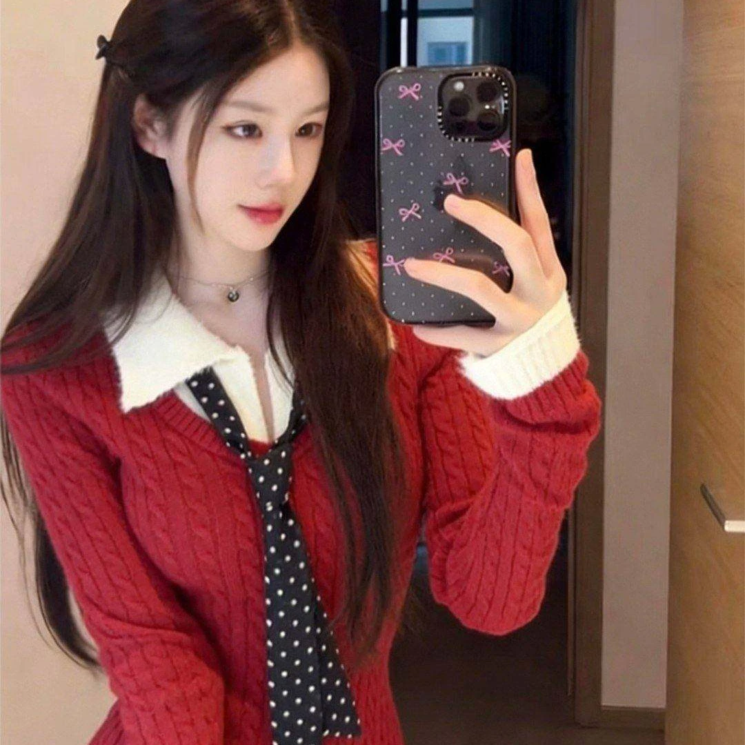 红色Polo领假两件针织衫女秋冬毛衣内搭设计感修身短款长袖小上衣