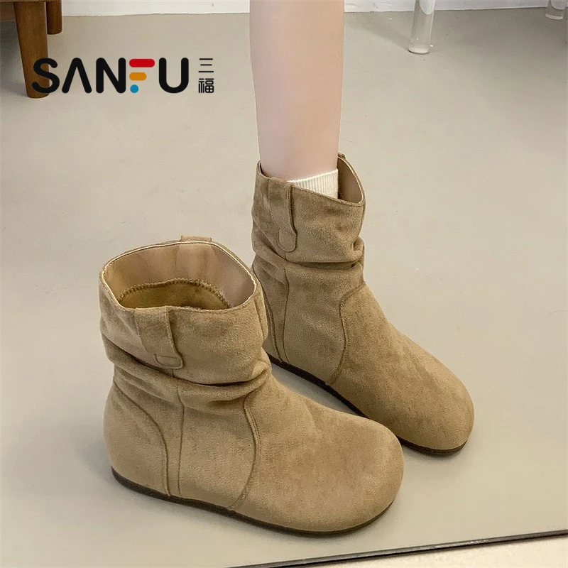 三福复古褶皱堆堆靴女2025秋季新款内增高套筒马丁靴显瘦勃肯短靴