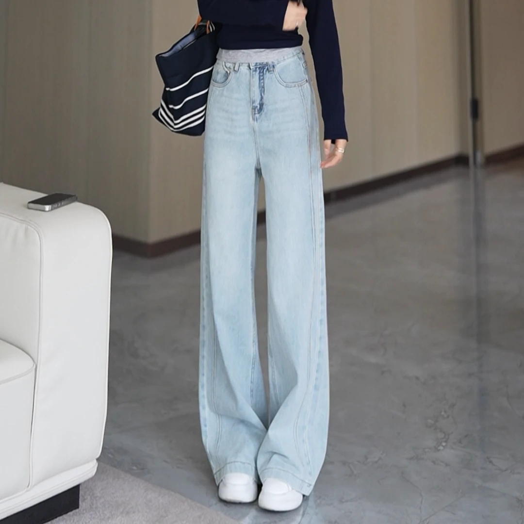 2026春款设计感浅色直筒裤女新款宽松显瘦垂感水洗牛仔裤Y5009