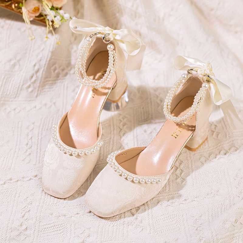 玛丽珍女鞋一字扣珍珠丝带包头鞋新款复古旗袍鞋粗跟女鞋夏季凉鞋