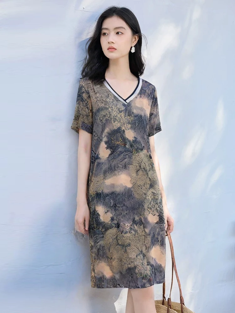 （豆）9646裙子气质宽松遮肉夏季中腰女透气祥云花夏装连衣裙（F仓）