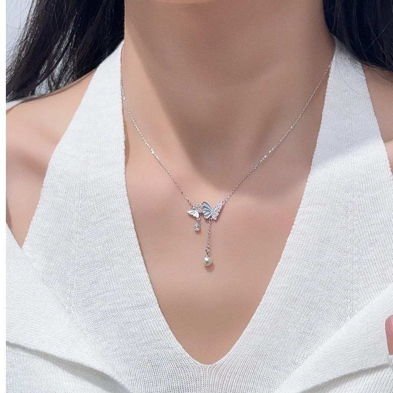铜合金项链 珠光光影流苏吊坠双蝴蝶项链女轻奢高级感锁骨链百搭