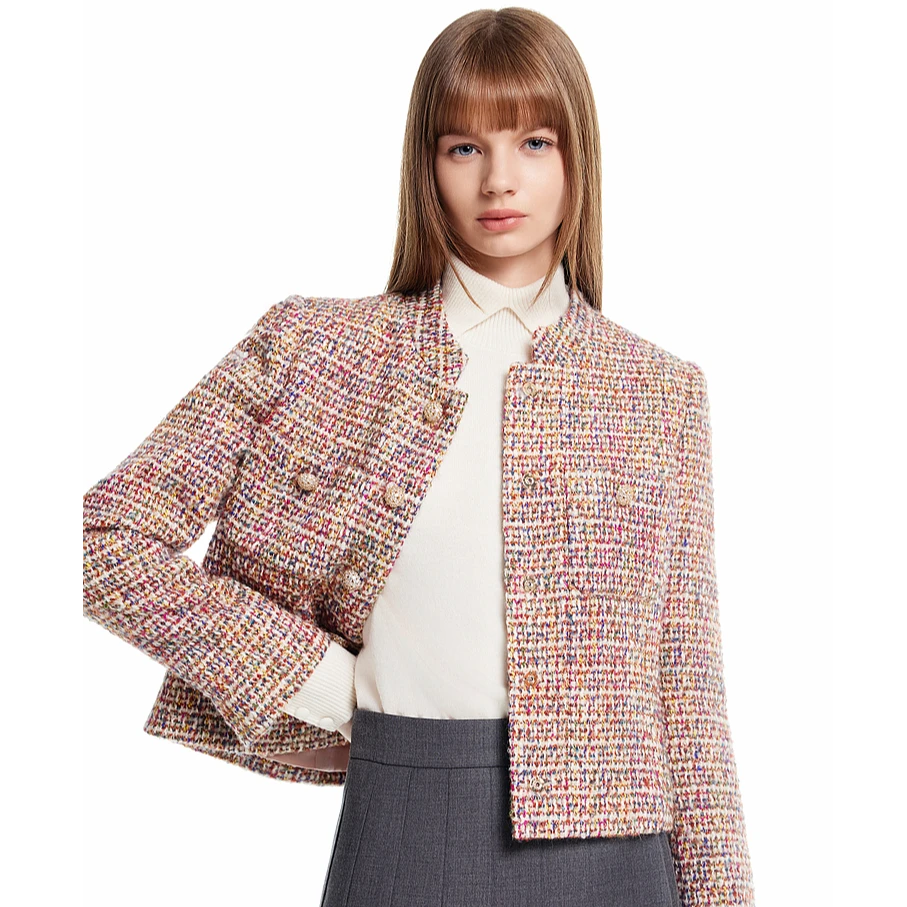 莱茵小香风短外套法式高级感春季新款短款立领粗花呢LMFD18WJK077