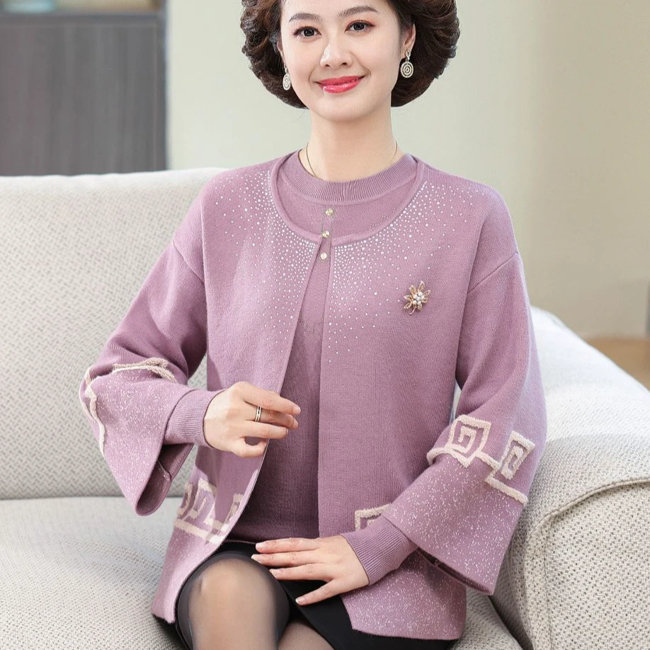正品新款洋气妈妈春秋装针织两件套装老年人上衣中老年女开衫外套