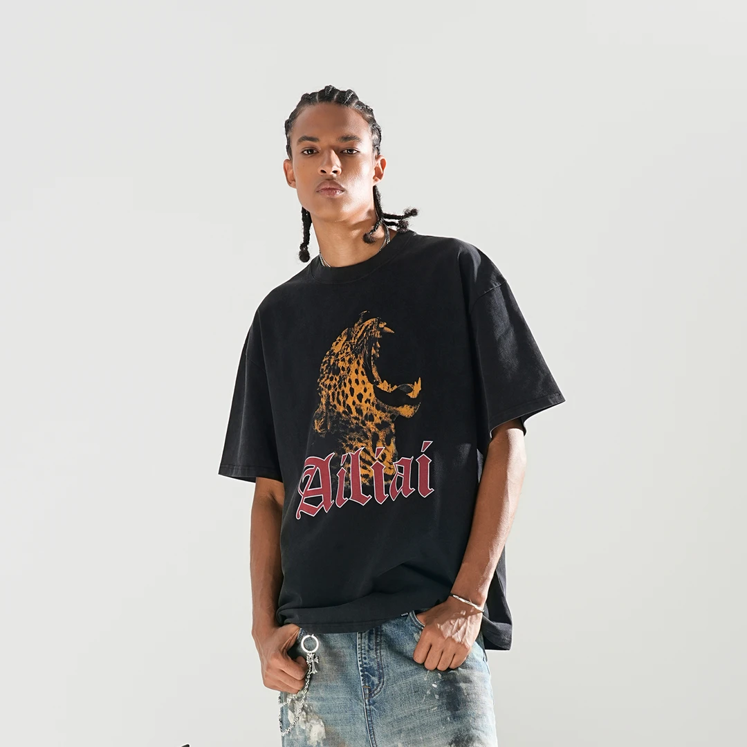 艾力艾美式纯棉做旧短袖美式hiphopT恤潮流感高街圆领半袖