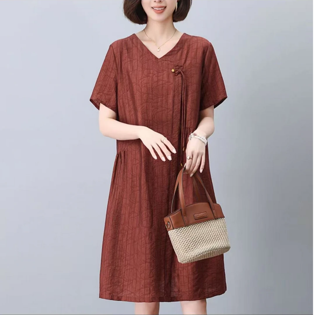 【J036】红咖天丝优雅百搭洋气款夏季短袖中长款休闲连衣裙气质裙子