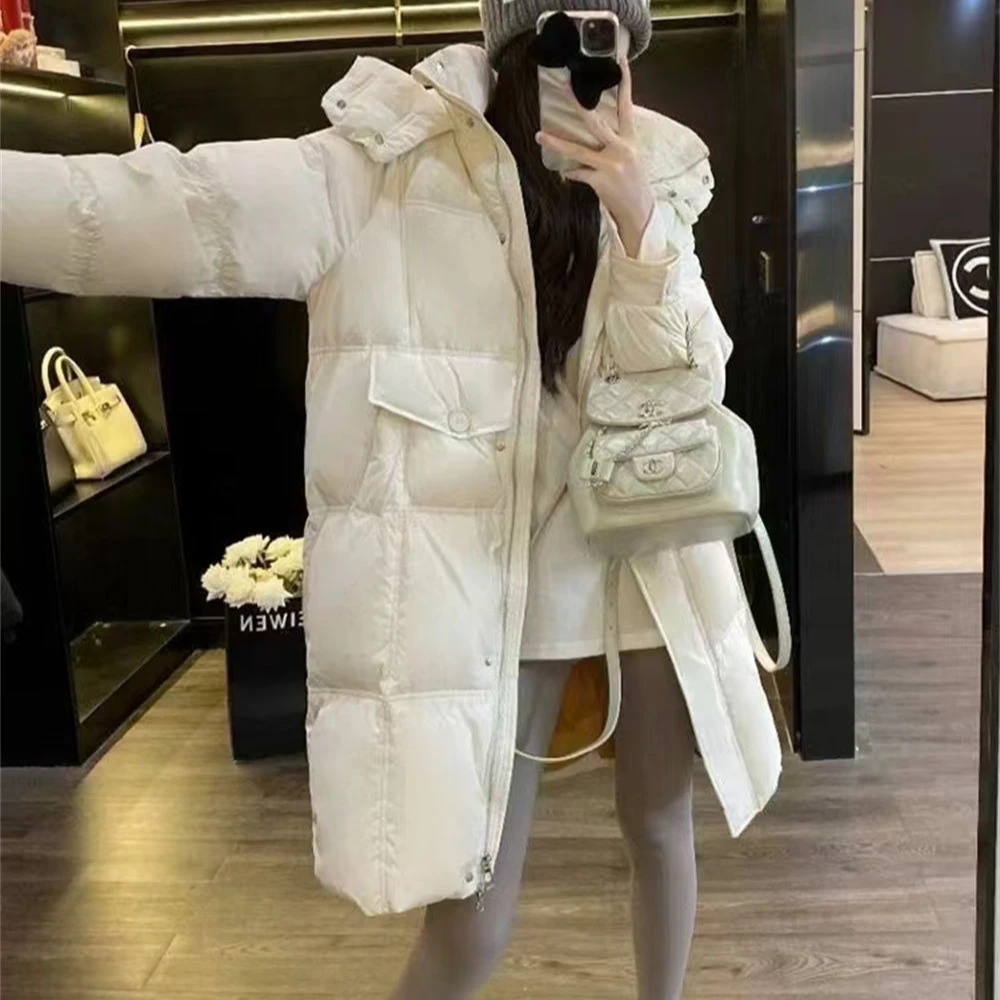 韩版M扣时尚保暖过膝加厚连帽羽绒服中长款鸭绒气质羽绒服