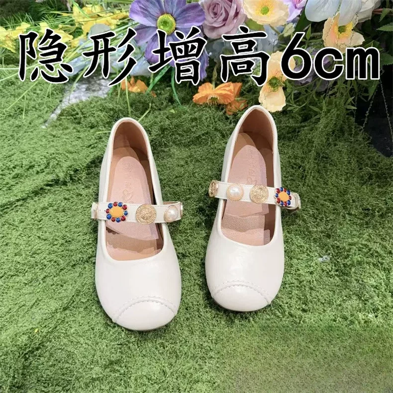 法式复古白色玛丽珍鞋女小个子内增高一字带浅口单鞋高跟芭蕾鞋