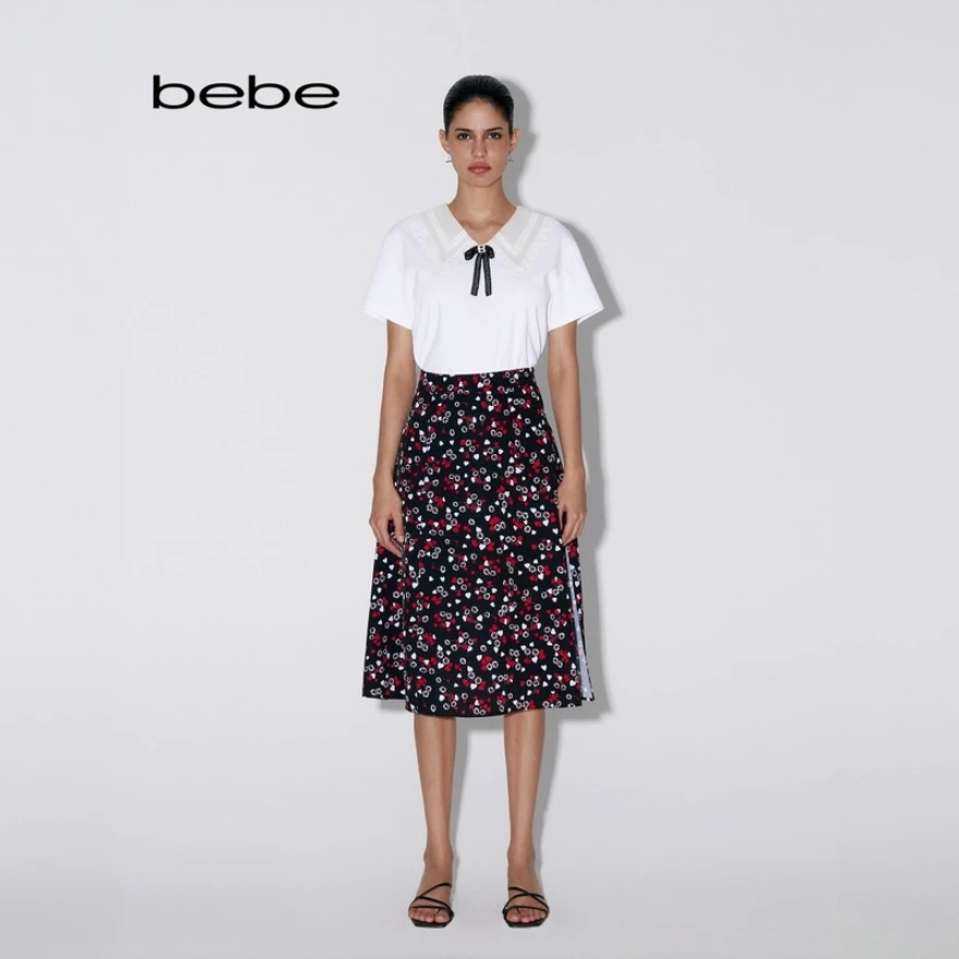 bebe春夏系列女士中长款爱心印花半身裙220302