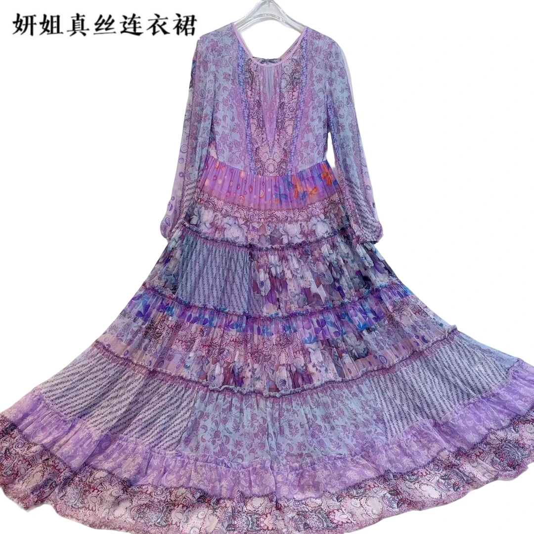 妍姐真丝2025年新款优雅气质百搭复古桑蚕丝长裙浅花色 206832I4