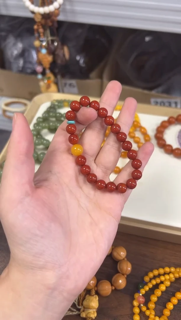 未镶嵌蜜蜡手链柿子红玛瑙蜜蜡顶珠手串[1239]