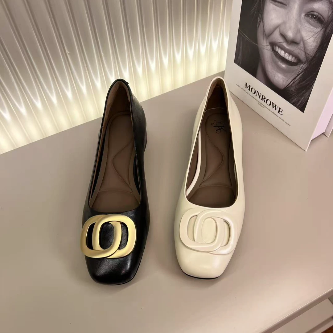 【Sensek】3cm,2024时尚百搭单鞋法式粗跟平底圆头浅口女鞋2920