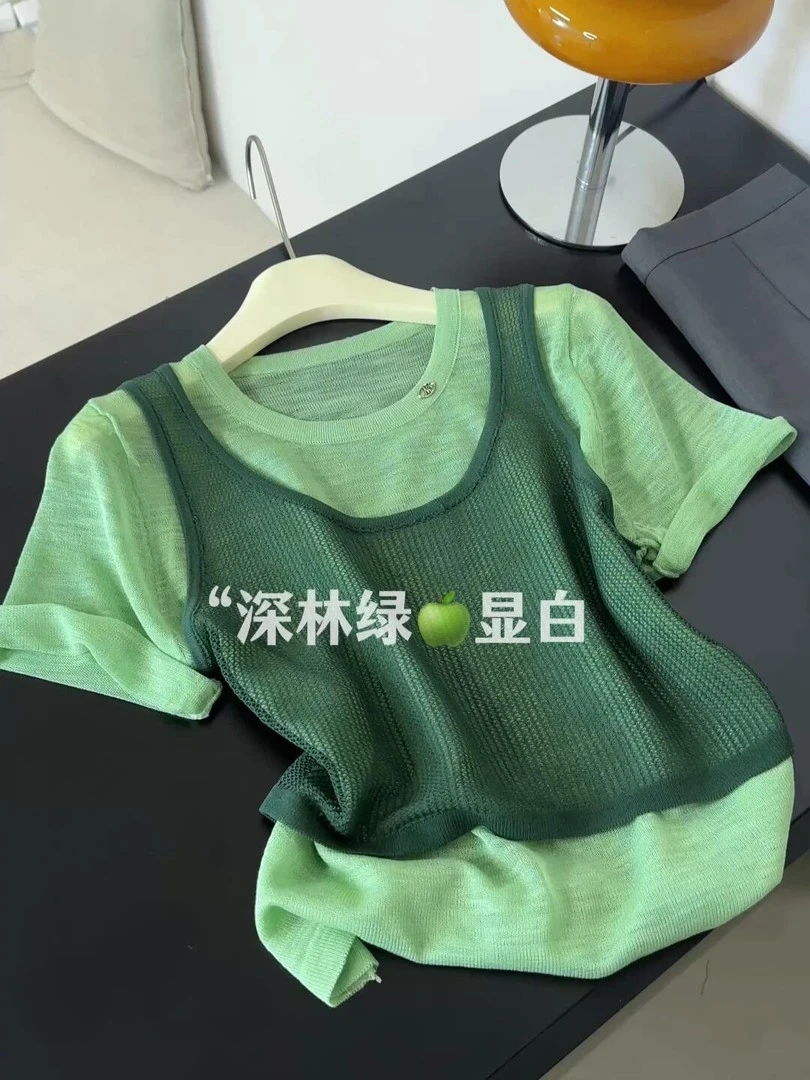 森林绿色假两件短袖2025夏季新款圆领薄款高级感气质独特上衣