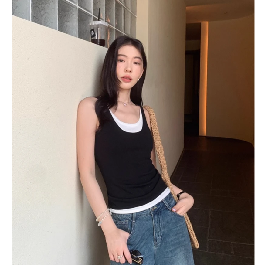 夏季假两件吊带背心女设计感大码宽松外穿显瘦百搭内搭无袖上衣