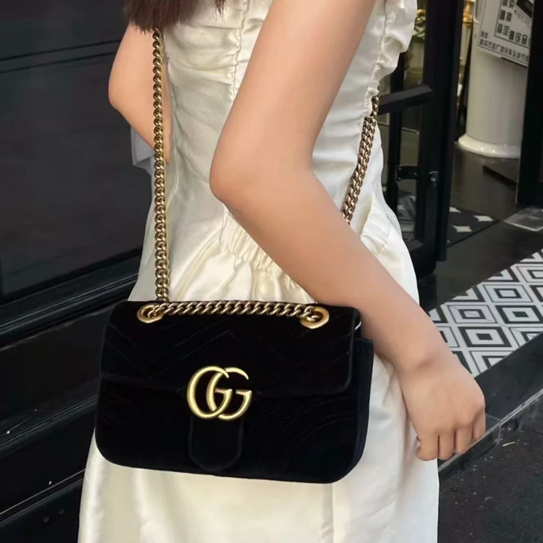99新 GUCCI/古驰 坤球奢选古驰丝绒马蒙22单肩包