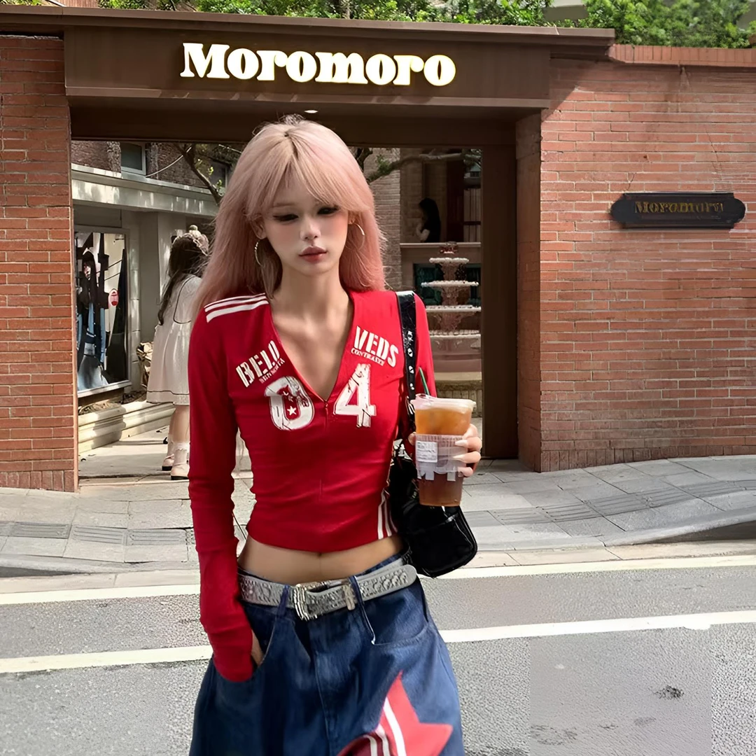 美式球衣风气质v领长袖t恤女早秋新款字母印花纯欲辣妹运动短上衣