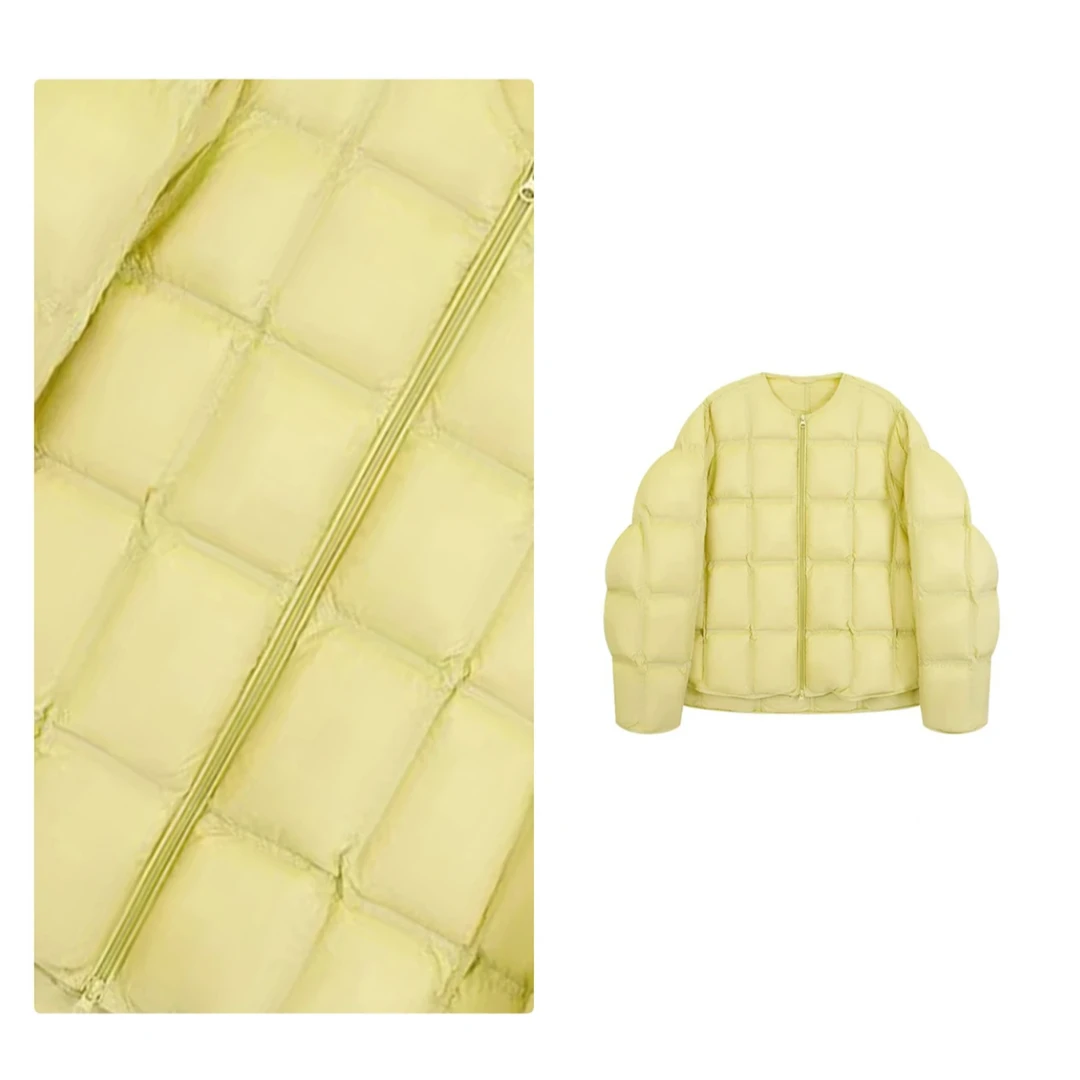 90白鹅绒新款韩版宽松圆领双拉链立体压纹方格羽绒服