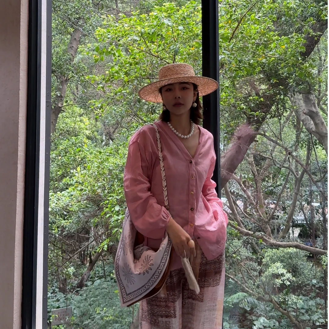 NXJ【多巴胺女孩粉】全苎麻衬衫女  250505