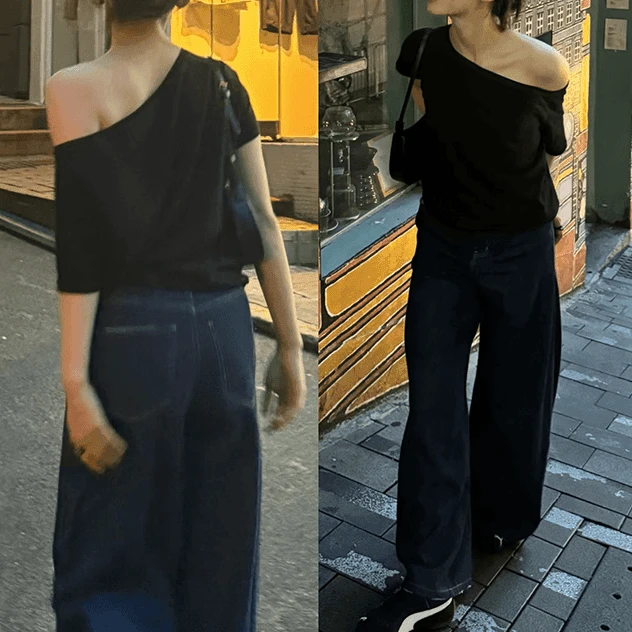 纯色斜肩露肩短袖T恤女纯欲甜辣夏季新款一字肩宽松遮肉显瘦上衣