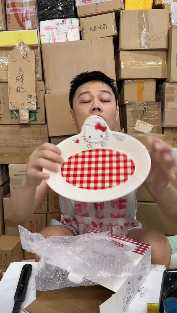 瓷片原盒kt猫红格子餐盘