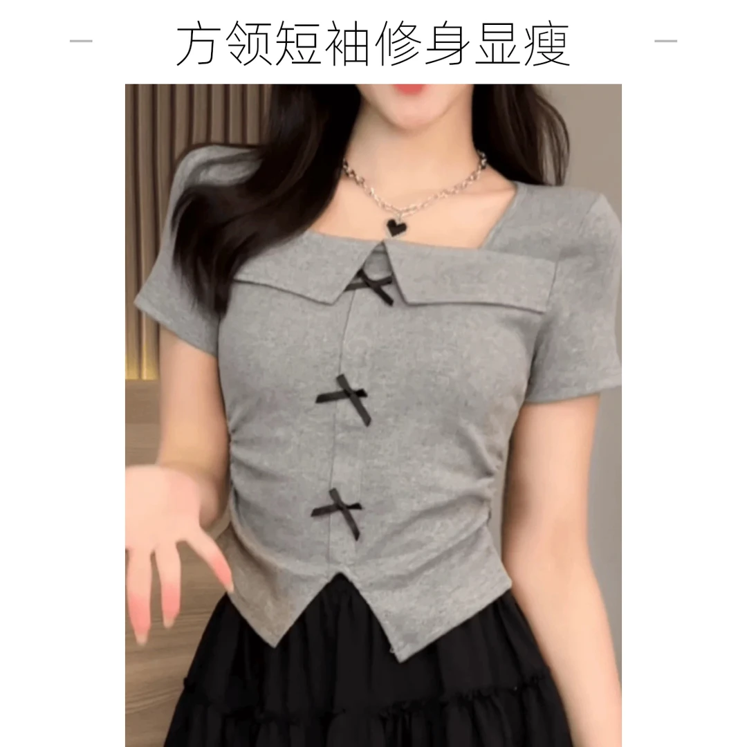 【素境】12167（衣长46）方领锁骨立体蝴蝶结修身显瘦正肩短袖t恤
