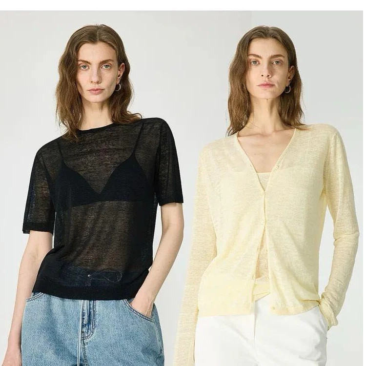 开间/苣轻薄干爽透气亚麻桑蚕丝 極简松弛针织吊带V领开衫3件套