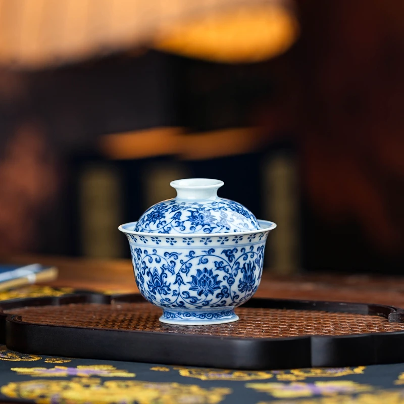 望月怀古缠枝莲釉下彩小盖碗喝茶品茗茶具wyhg225青花瓷陶瓷