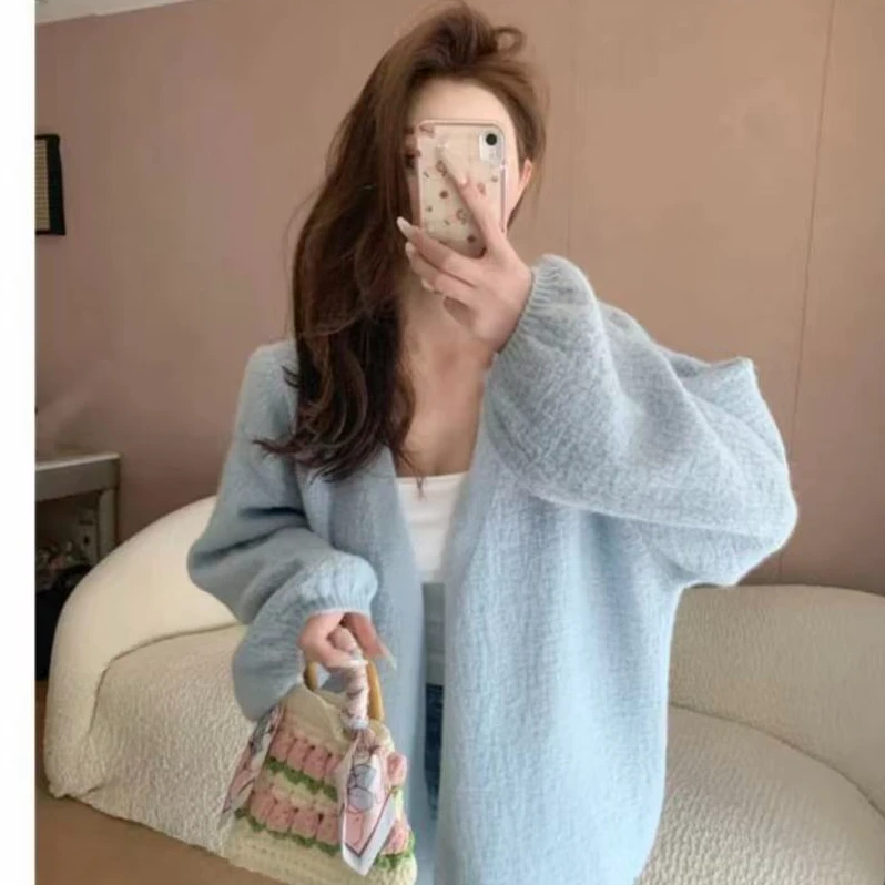 泡泡袖树皮纹毛衣外套女秋季新款针织衫宽松韩版慵懒风