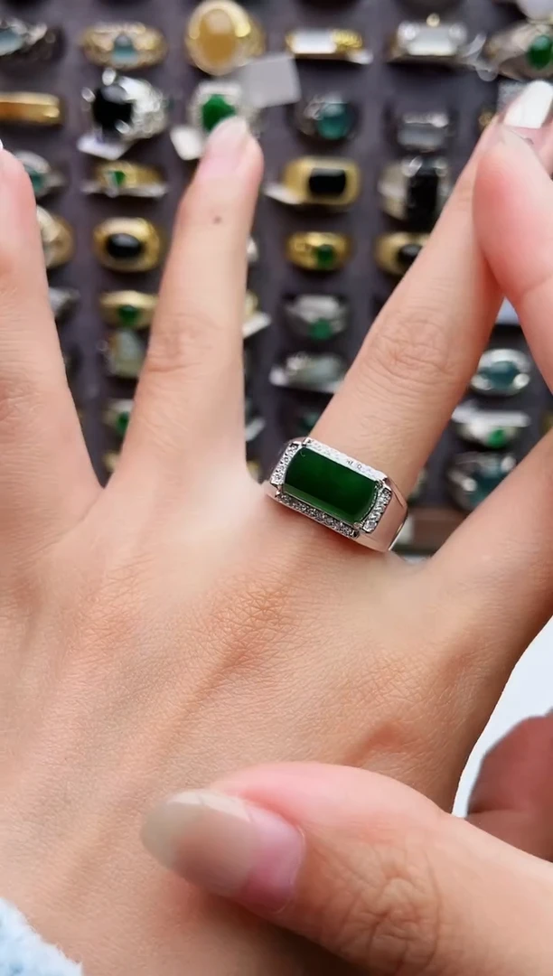 银S925镶嵌戒指翡翠天然翡翠男戒