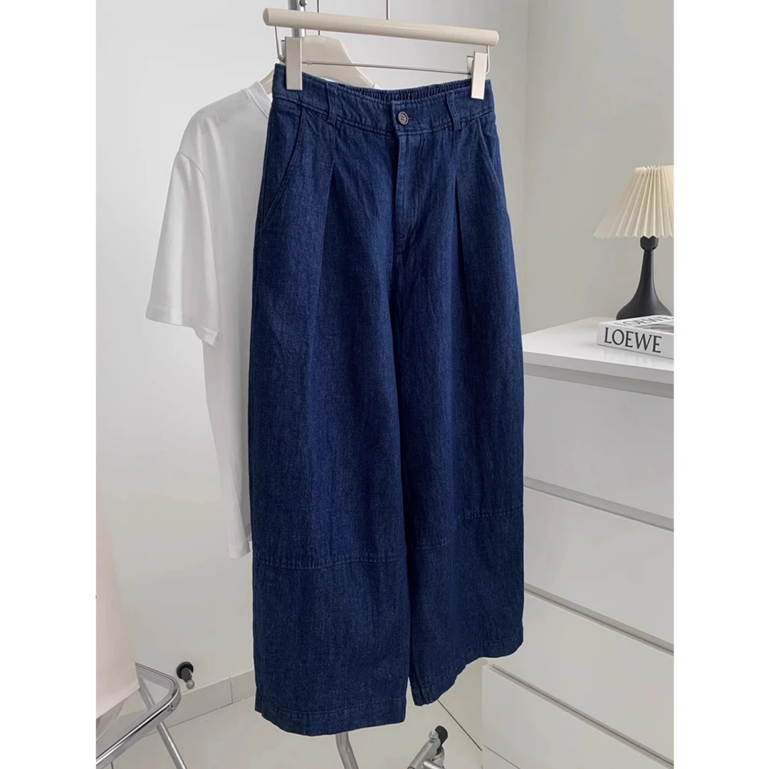 日系复古深蓝色牛仔裤女夏季新款不挑身材宽松显瘦九分阔腿奶奶裤