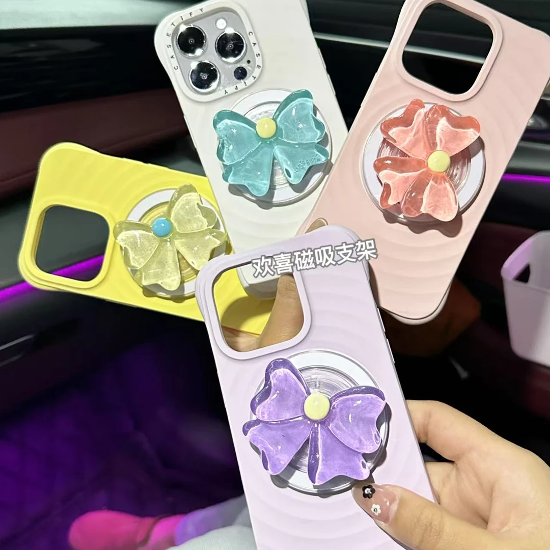 立体冰透蝴蝶结夏日小清新磁吸手机支架可折叠伸缩强磁磁吸壳通用