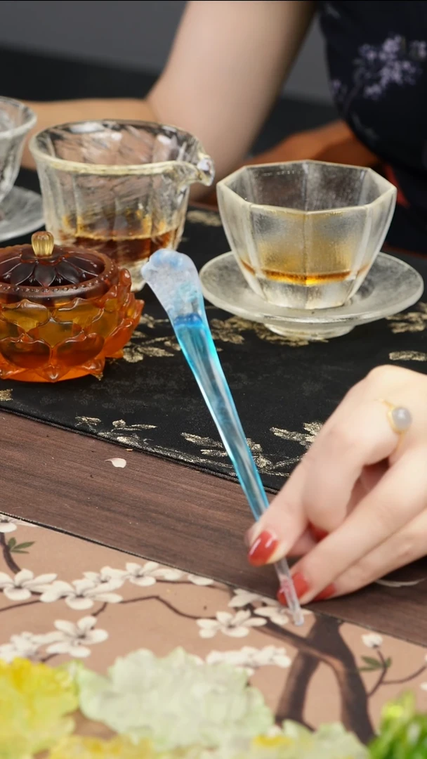 琉璃手工艺品古法琉璃飘蓝色调茶匙茶置小摆件