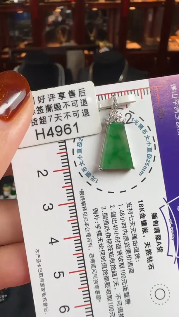颈饰18K金镶嵌翡翠H4961冰绿无事牌