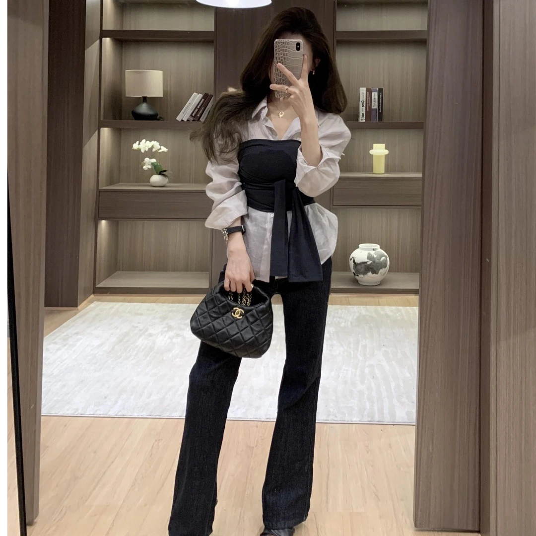 绝美初秋小套装时尚气质轻熟风衬衣抹胸上衣两件套女装搭气质长裤