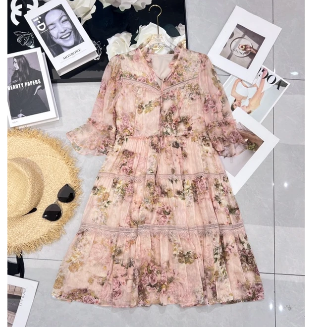 1165 夏季新款宽松短款V领高腰碎花气质连衣裙