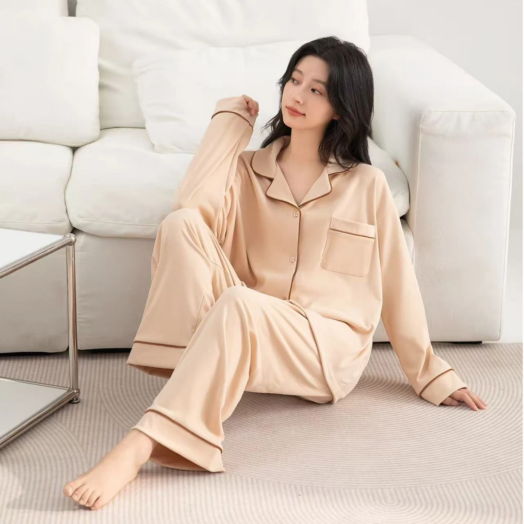 女士长袖舒适休闲简约宽松纯色家居服套装HZ001