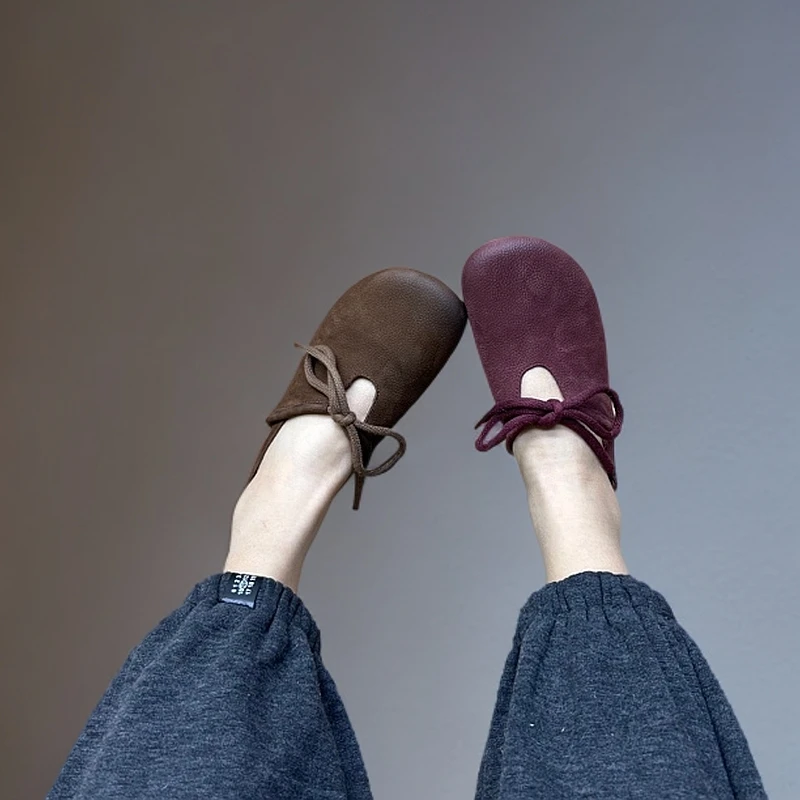 A155-2单鞋浅口乐福鞋豆豆鞋圆头软底系带妈妈鞋复古女鞋软底软面