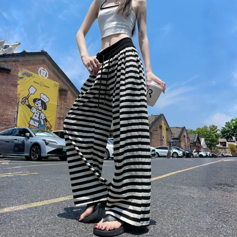 高腰抽绳条纹休闲裤女早秋新款垂感宽松直筒阔腿裤显瘦百搭拖地裤