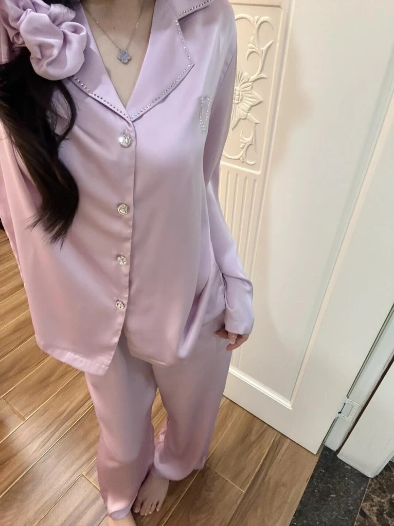 「大理想家」紫色高级感烫钻冰丝睡衣女春夏季2025年家居服套装外穿