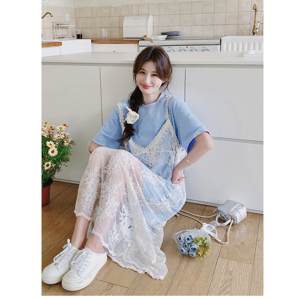 【蓝色大海】法式镂空蕾丝吊带连衣裙套装女夏2025新款设计感两件套