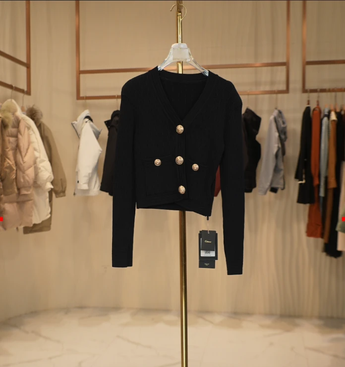 C034 C系列小香风针织秋装韩式别致黑色修身开衫短上衣  847C