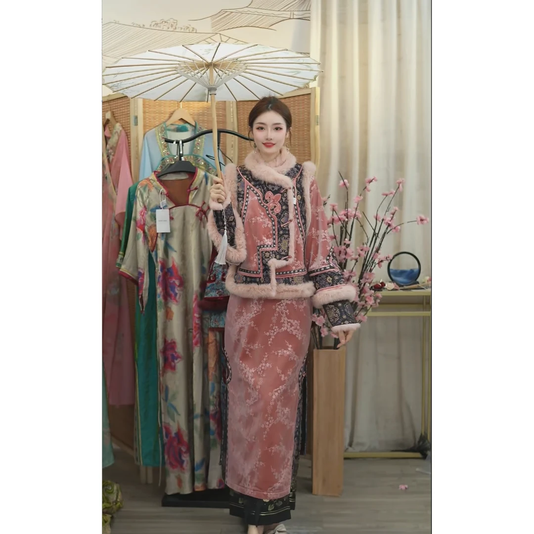 微岚熙2024冬季新款复古加绒显瘦保暖女装裙子(2444+2454)