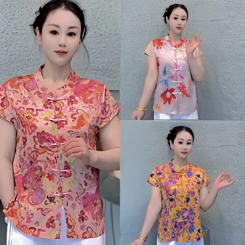 半袖小衫衬衫百搭夏季提花圆领常规款印花气质时尚大码上衣洋气