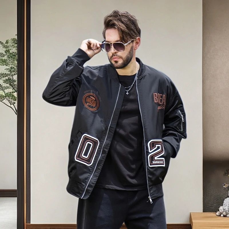 男装秋季美式宽松潮流夹克外套加肥加大外套男士重工刺绣棒球服男