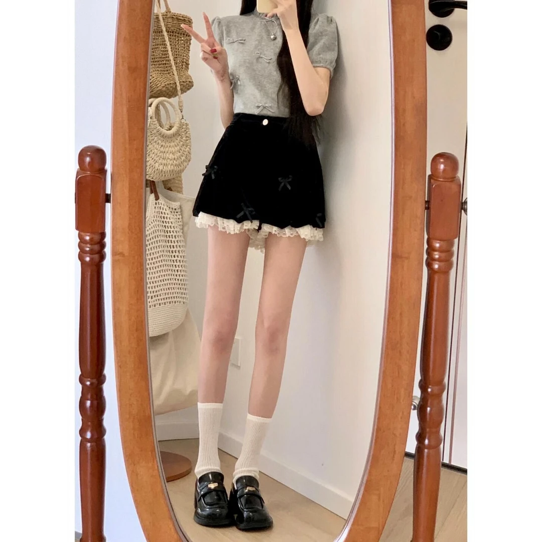 东区千金花边领洋气短袖上衣2025年显瘦百搭黑色灯笼短裤两件套